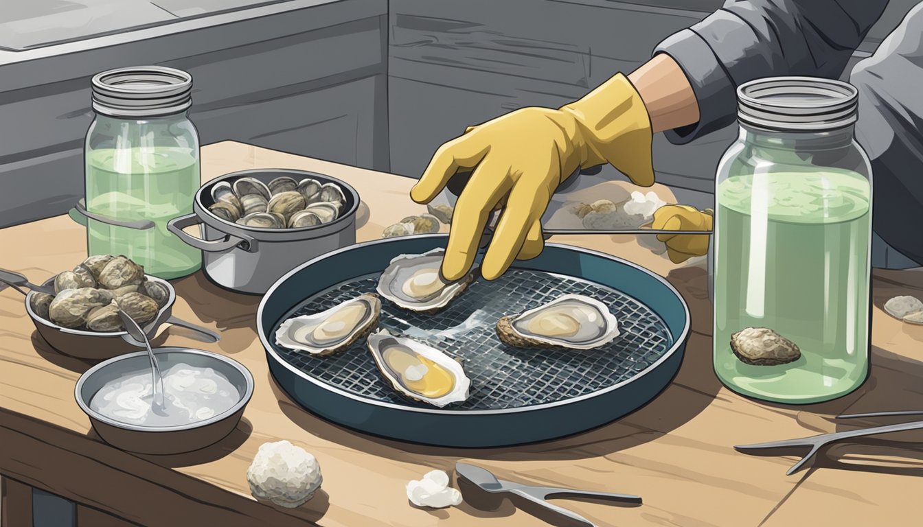 A person wearing gloves and using tongs to place oysters into sterilized jars, with a pot of boiling water and canning equipment nearby