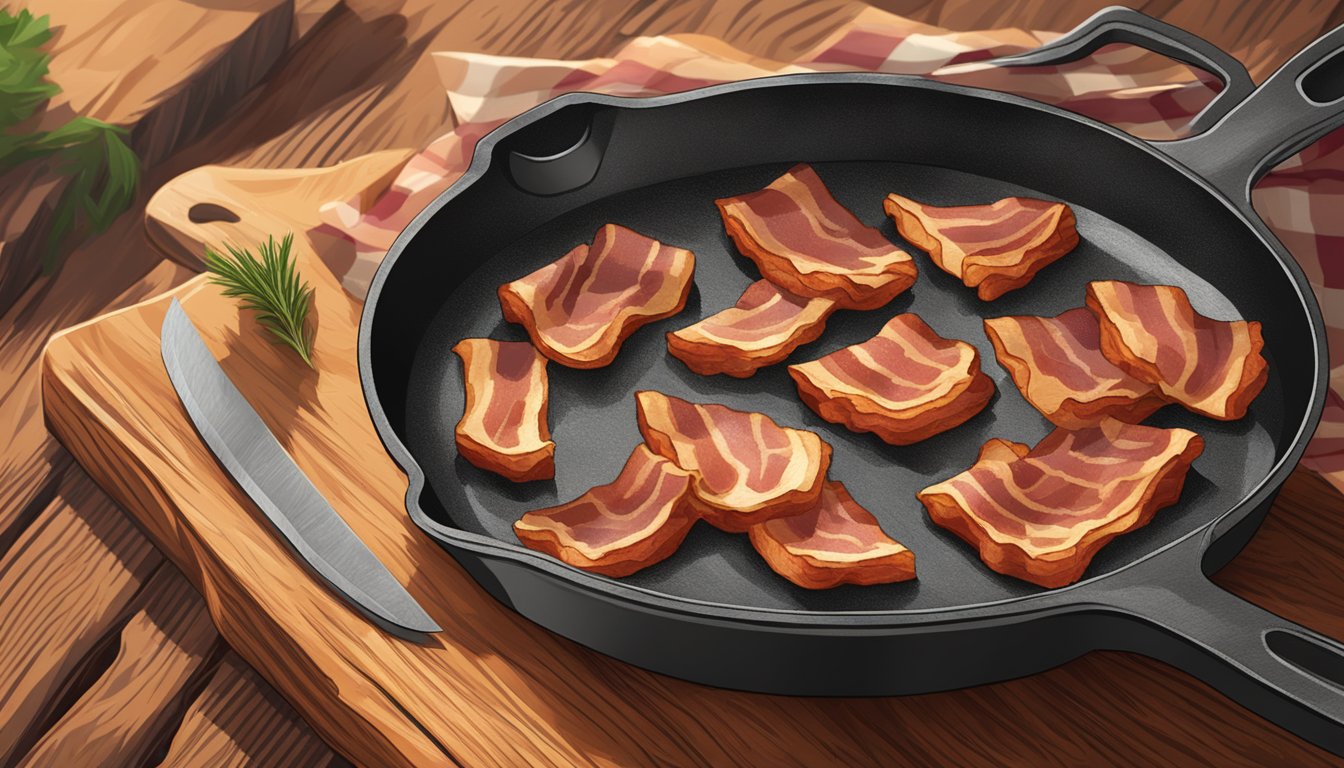 A sizzling skillet of smoked bacon, seasoned Texas-style, on a wooden cutting board with a sharp knife nearby