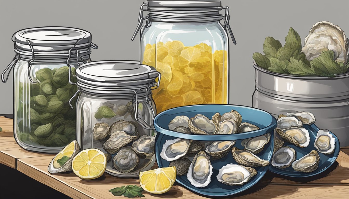 Oysters being cleaned, shucked, and packed into jars. A pot of boiling water ready for the canning process