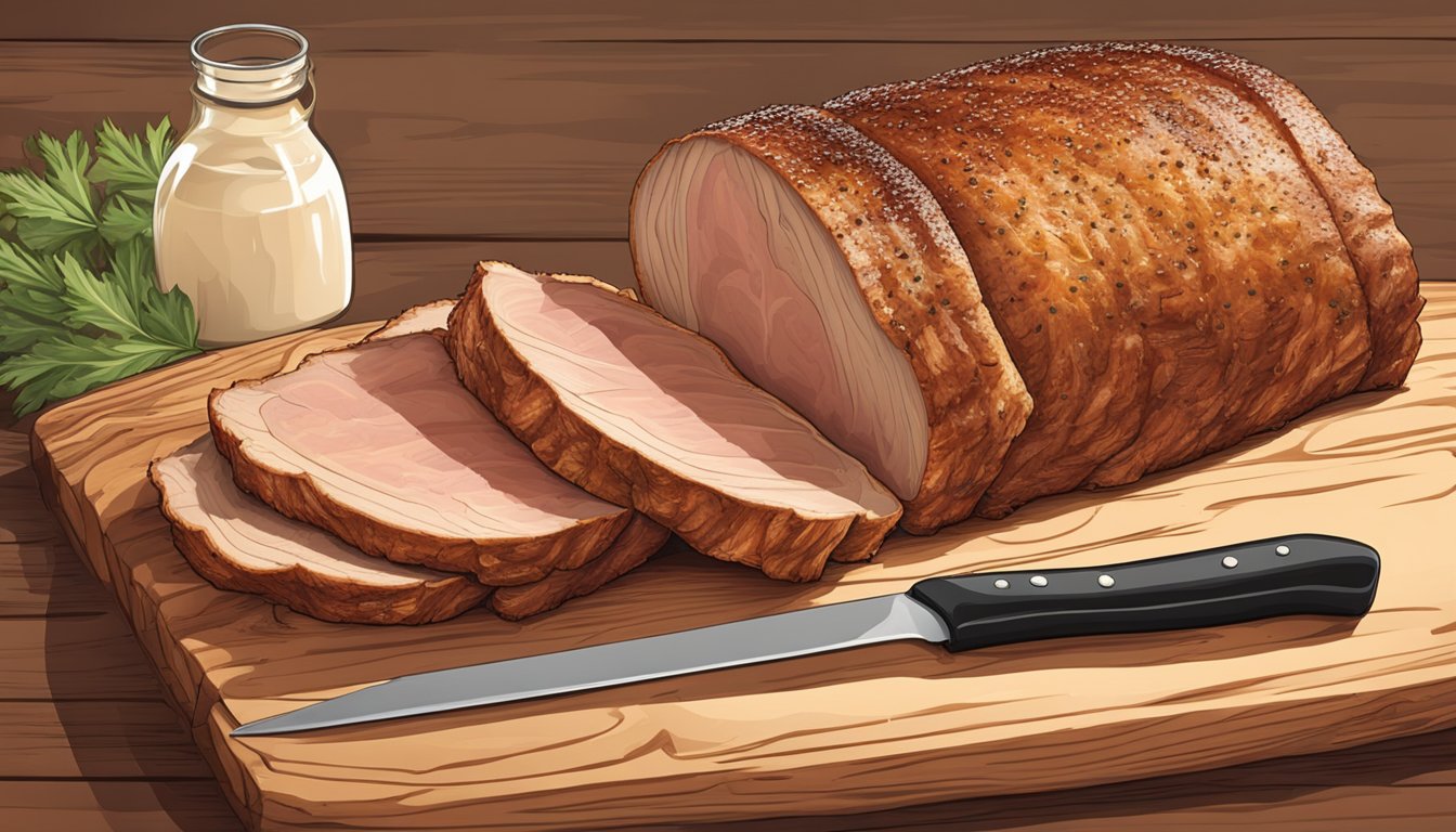 A juicy pork loin, smoked over mesquite wood, with a deep cut revealing the tender, flavorful meat inside