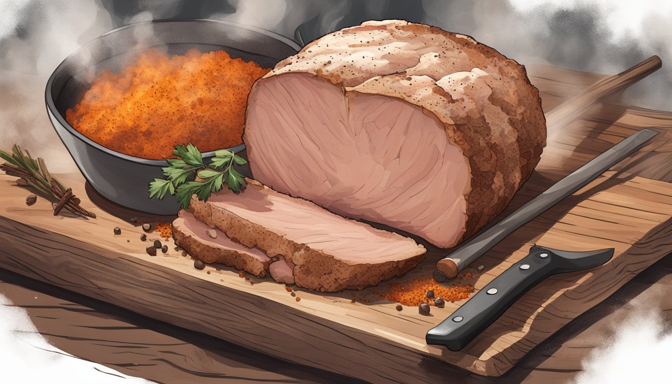 A bone-in pork loin sits on a smoker, surrounded by Texas-style rub ingredients like paprika, cumin, and brown sugar. Smoke billows around the meat