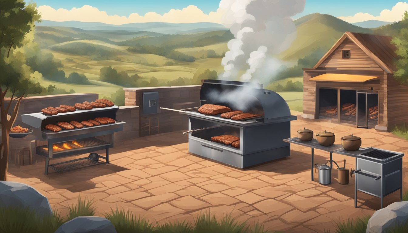 A large, smoking barbecue pit filled with sizzling meat, surrounded by a rustic Texas landscape with rolling hills and a clear blue sky