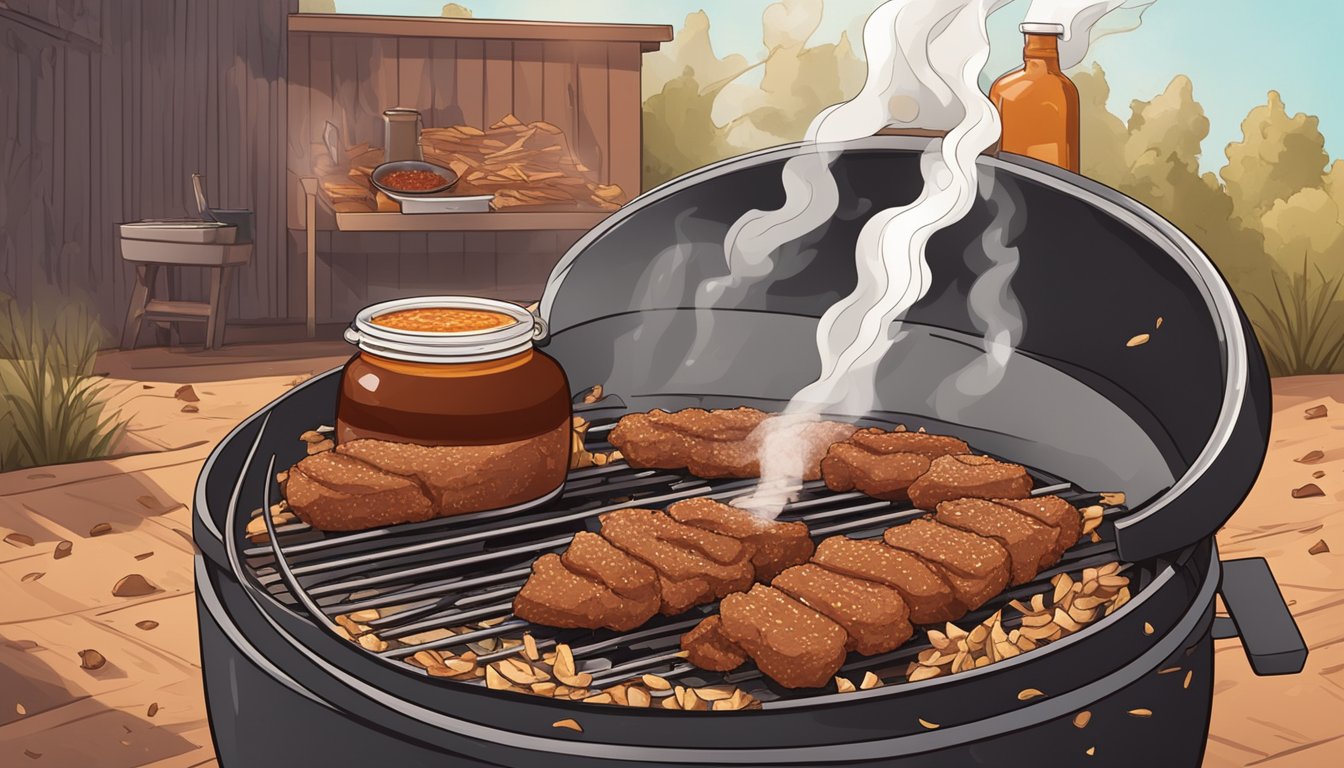 A smoking barbecue pit filled with sizzling meat, surrounded by wood chips and a bottle of tangy Texas-style barbecue sauce