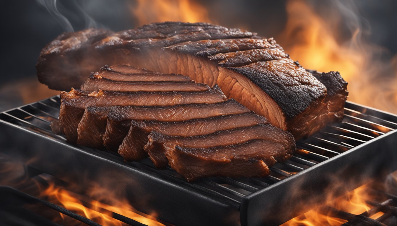 A juicy brisket on a smoking grill, with a dark, caramelized crust and wisps of smoke rising from the meat