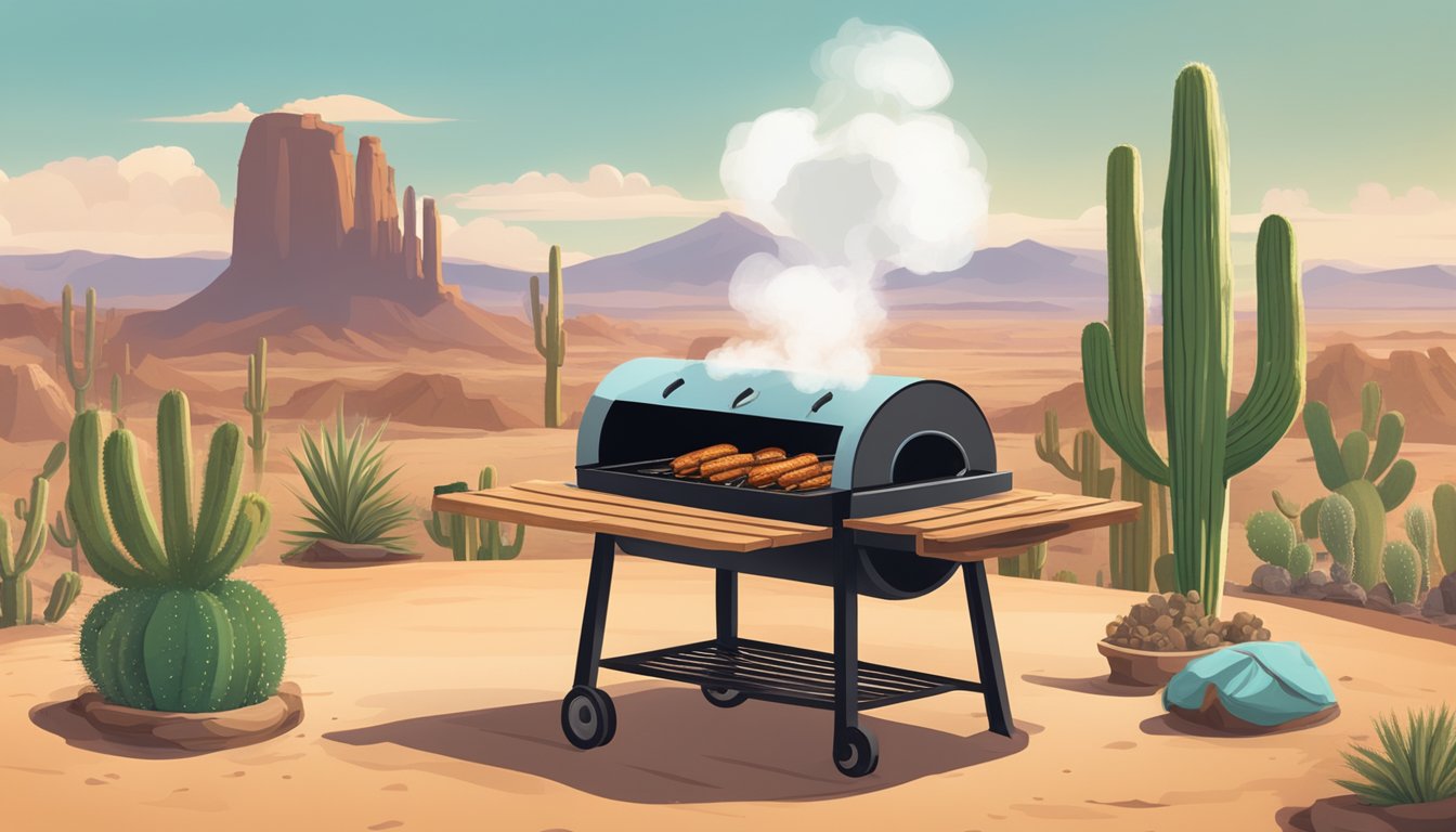 A rustic outdoor BBQ pit with smoke rising, surrounded by desert landscape and cacti, with a cowboy hat resting on a wooden table