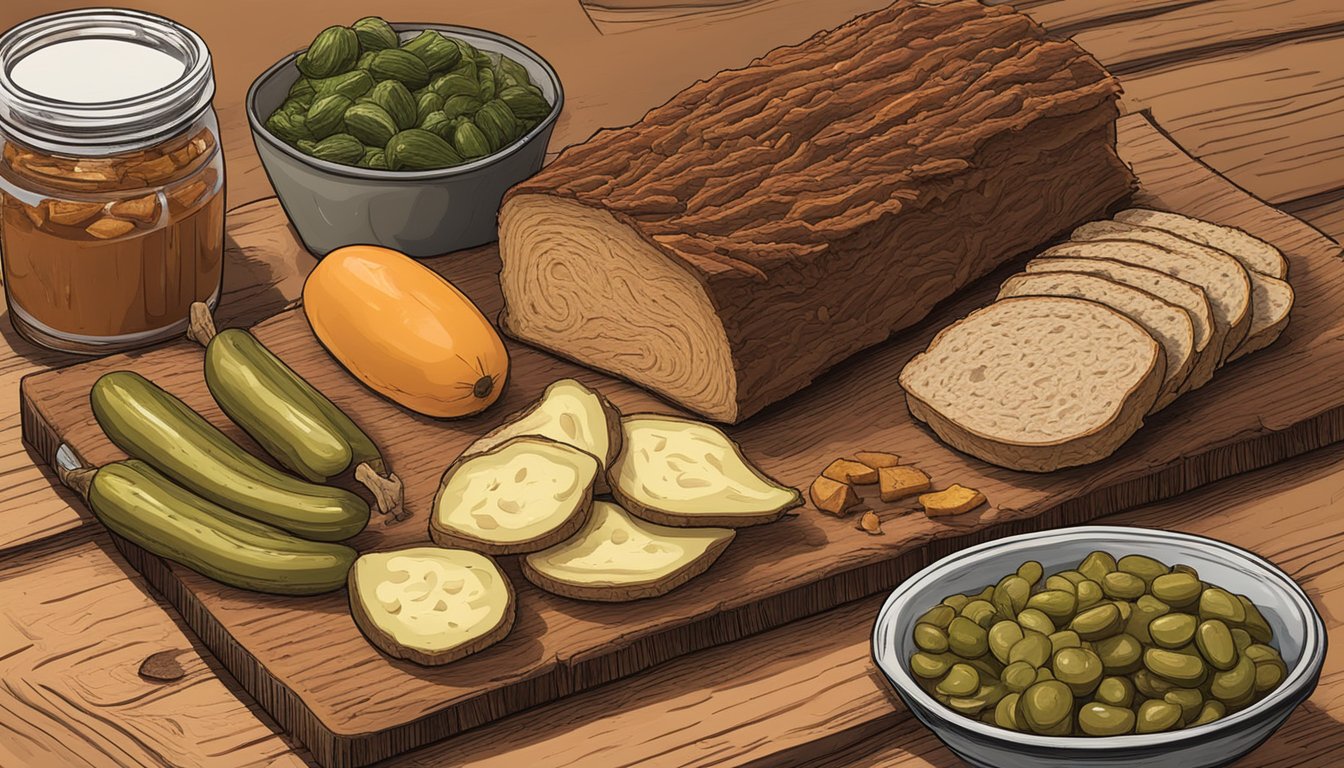 A slab of Texas-style BBQ bark sits on a wooden cutting board, surrounded by a spread of traditional accompaniments like pickles, onions, and white bread