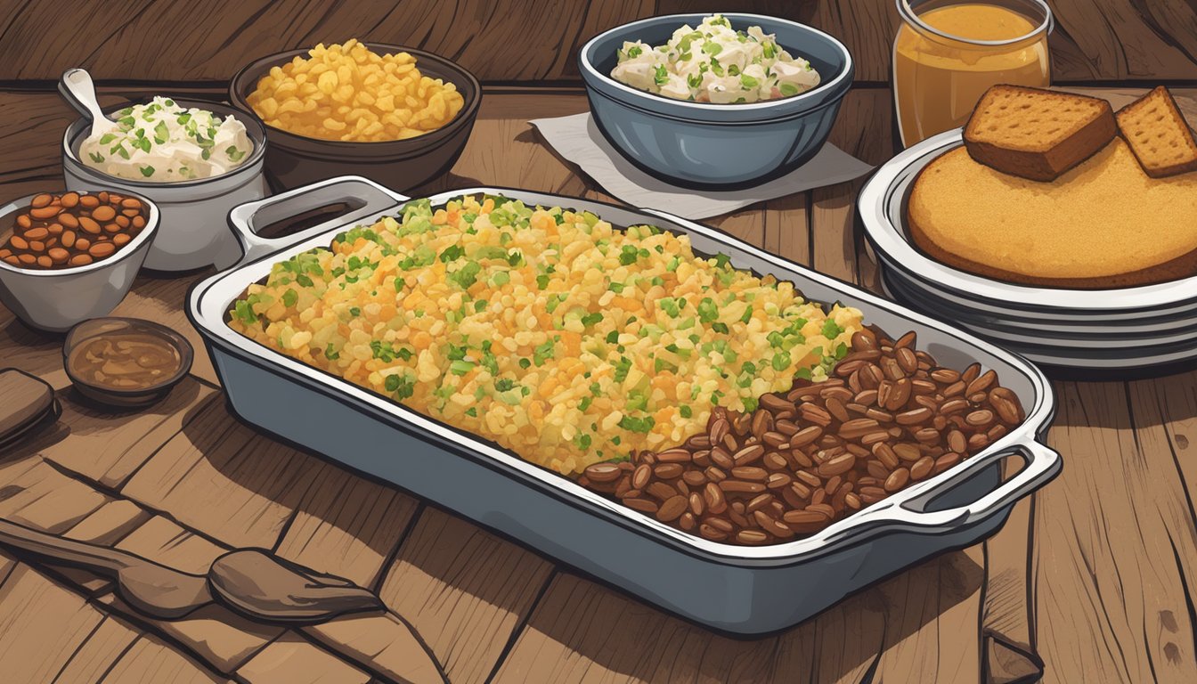 A table spread with classic sides: coleslaw, baked beans, cornbread, and potato salad, all set against a backdrop of a rustic Texas BBQ joint