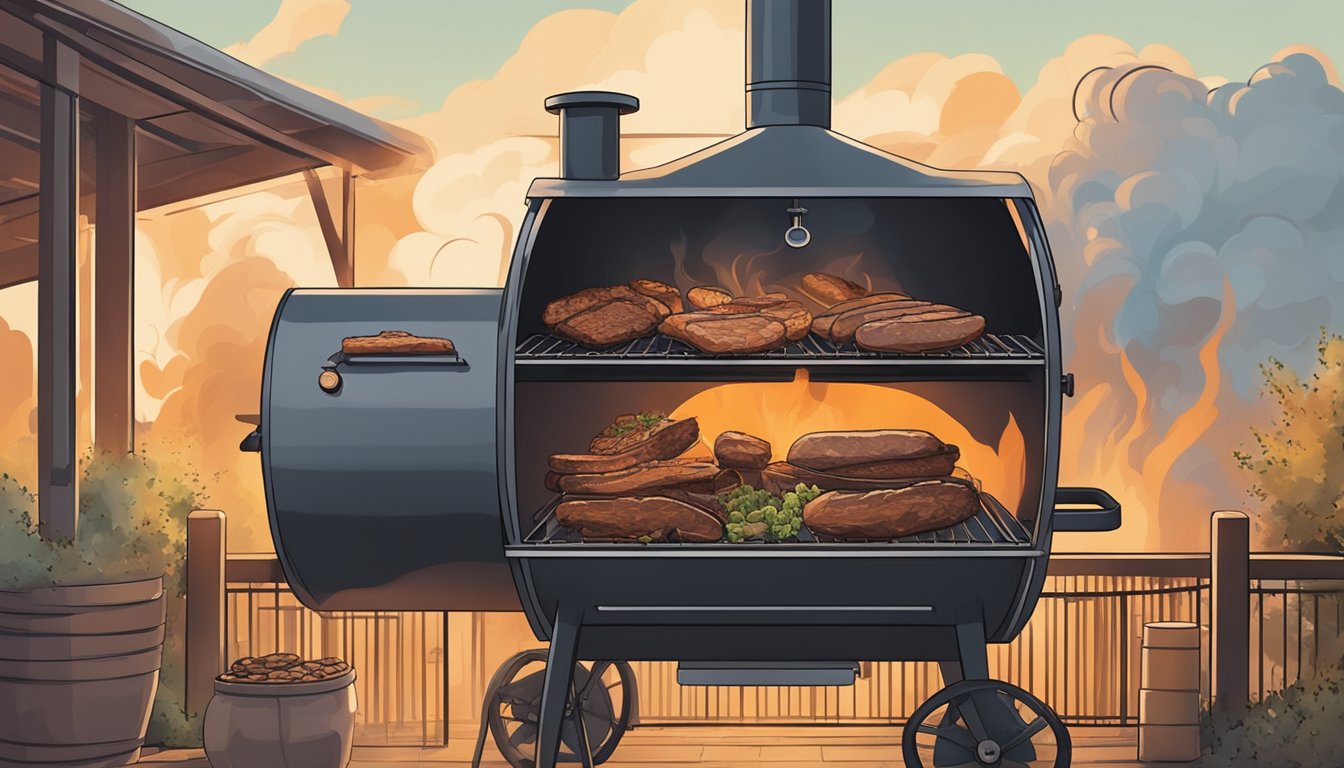 An offset smoker sits at the center of a bustling Texas barbecue pit, billowing smoke and emanating the rich aroma of slow-cooked meats