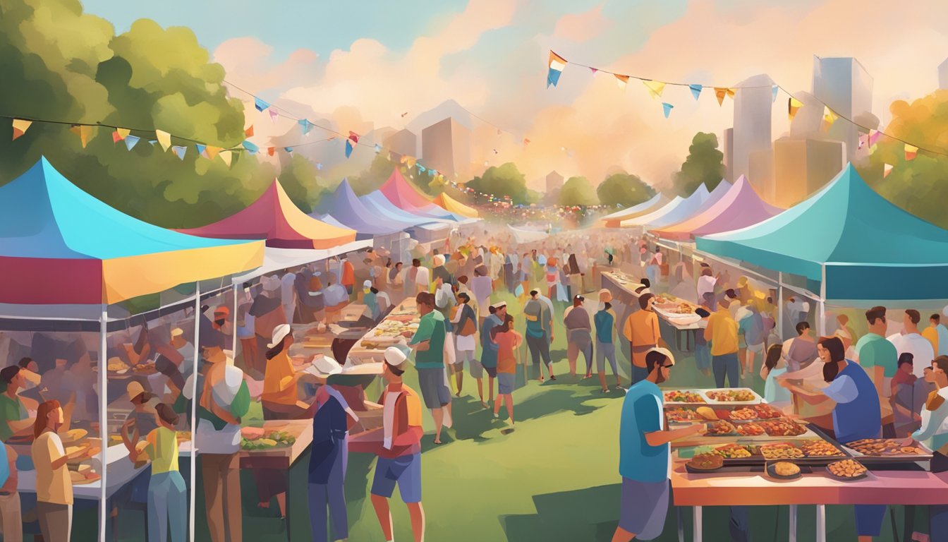 A bustling outdoor festival with rows of colorful food booths, smoke rising from grills, and a lively crowd enjoying barbecue and live music