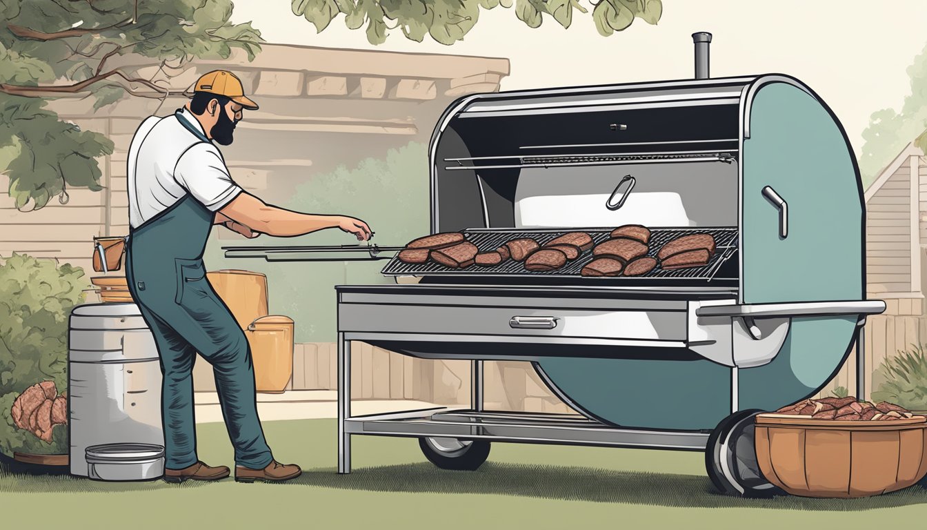 A pitmaster arranges various cuts of meat on a large offset smoker, preparing for the traditional Texas barbecue. The smoker stands as the ultimate cooking instrument, symbolizing the rise of a timeless culinary tradition