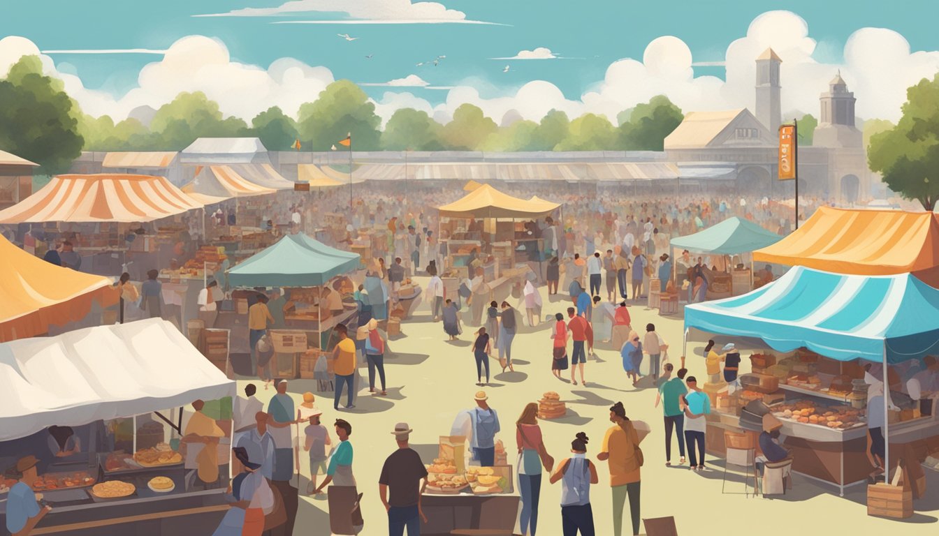 A bustling outdoor festival with rows of food stalls, smoke billowing from grills, and people enjoying barbecue under a sunny Texas sky