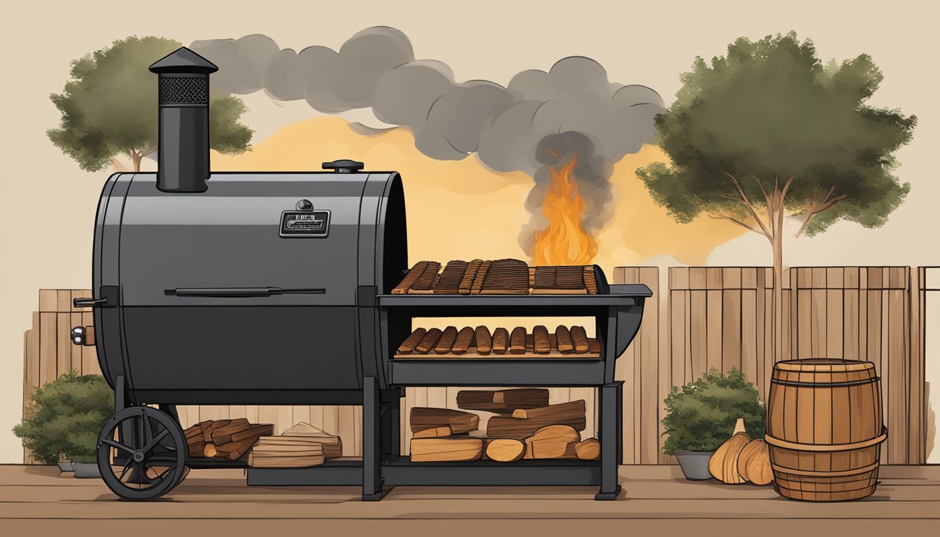 A rustic Texas pitmaster's offset smoker surrounded by a variety of wood choices, each fueling the flame and contributing to the forging of tradition