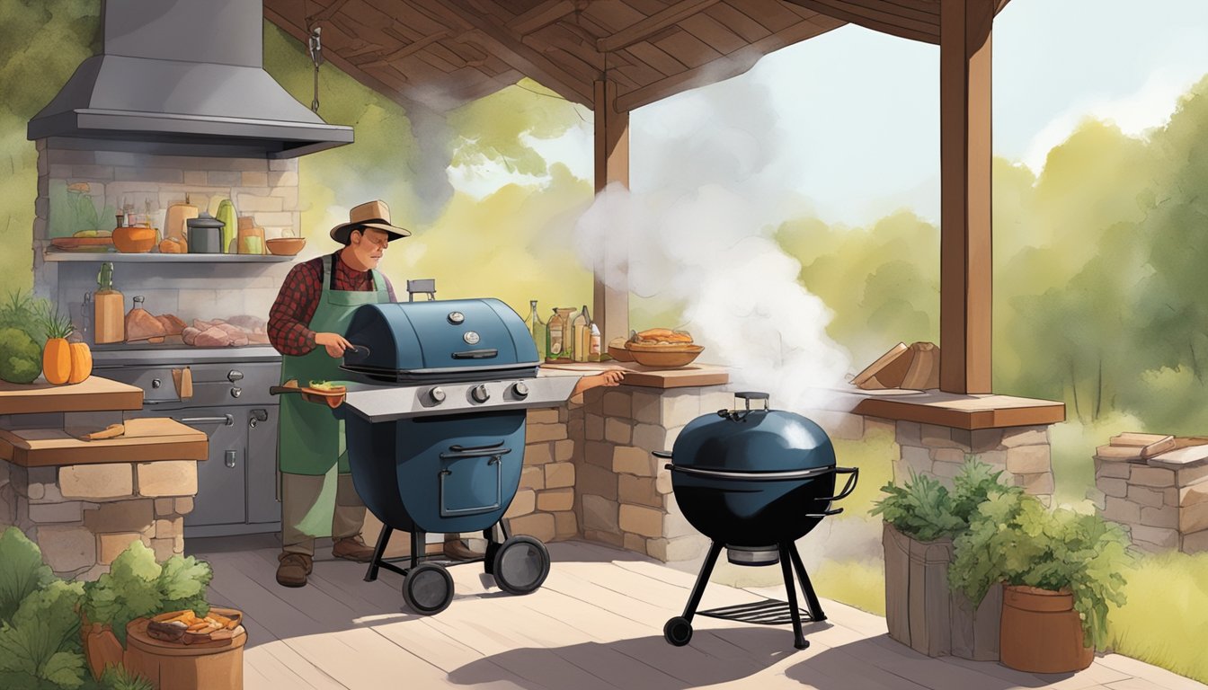 An offset smoker sits in a rustic outdoor kitchen, billowing smoke as a pitmaster tends to a spread of meats and vegetables on the grill