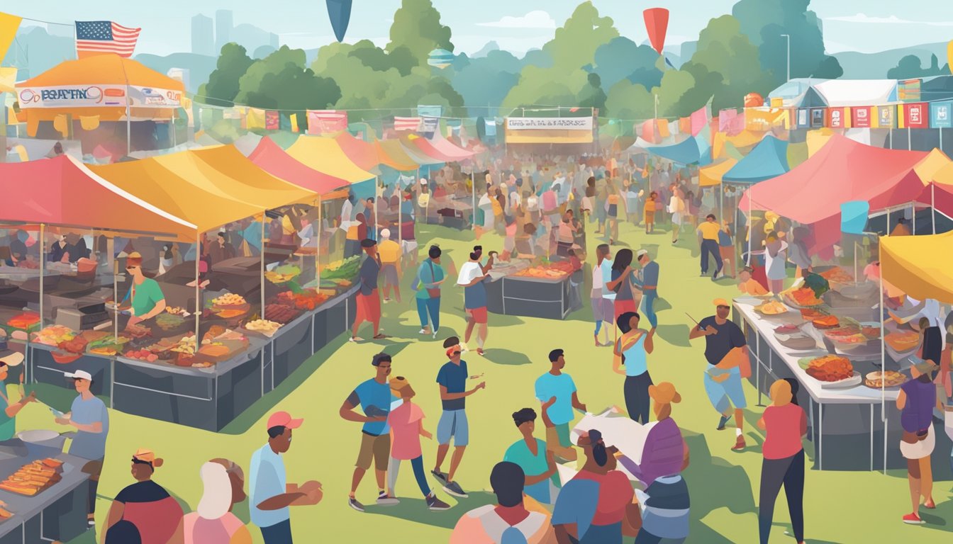 A bustling outdoor festival with rows of colorful food booths, smoke rising from grills, and a lively crowd enjoying live music and sampling barbecue dishes