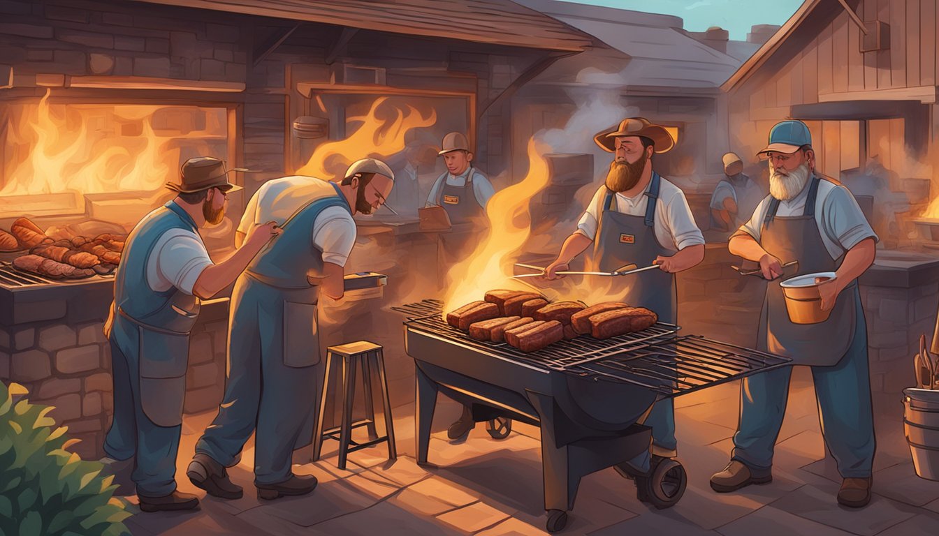 Pitmasters tending to offset smokers, surrounded by the glow of flames and the aroma of sizzling meat