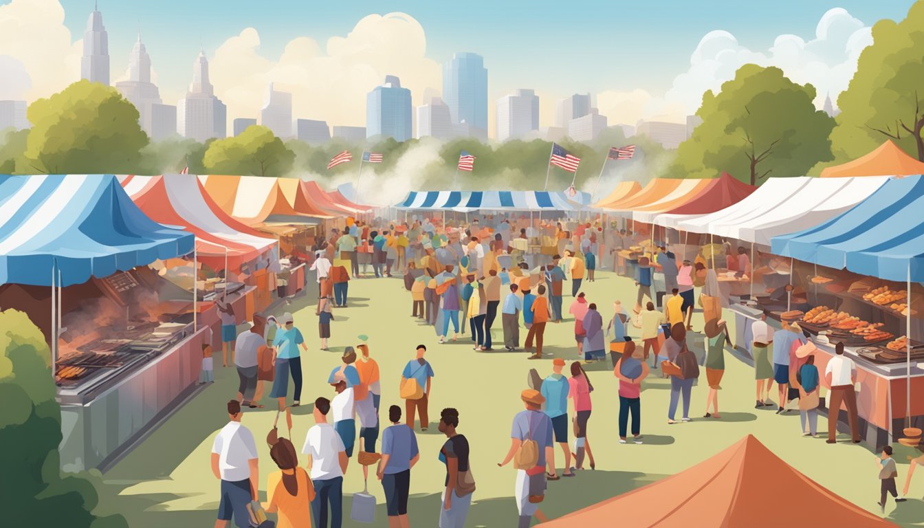 A bustling outdoor festival with rows of colorful food stalls, smoke billowing from grills, and a lively crowd sampling Texas BBQ