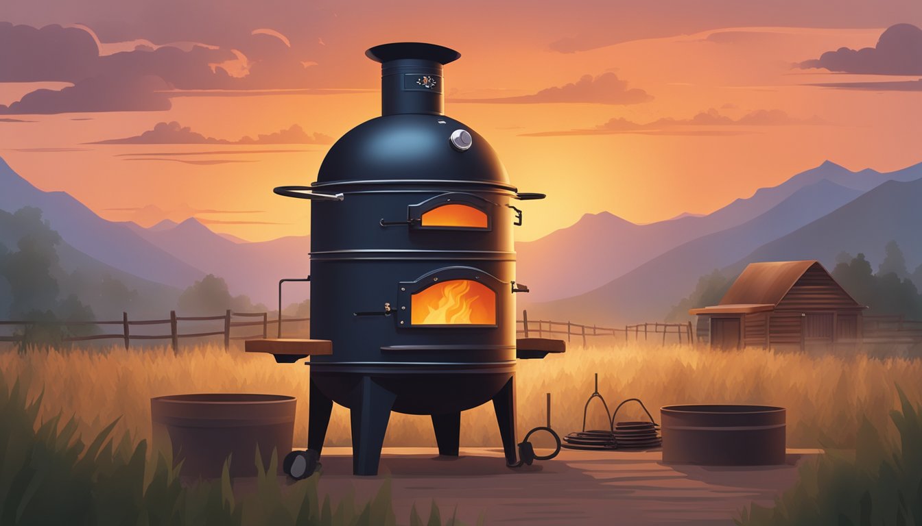 A rustic Texas pitmaster's offset smoker stands tall against a fiery sunset, surrounded by the smoky haze of the forging tradition