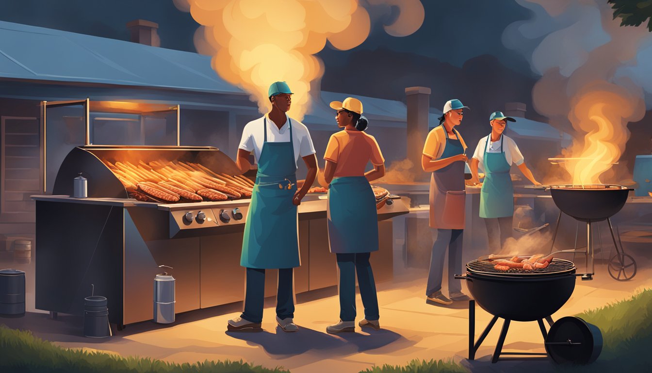 A bustling Texas barbecue pit with smoke billowing from the steel smokers, showcasing the expertise of lady pitmasters in the vibrant BBQ scene