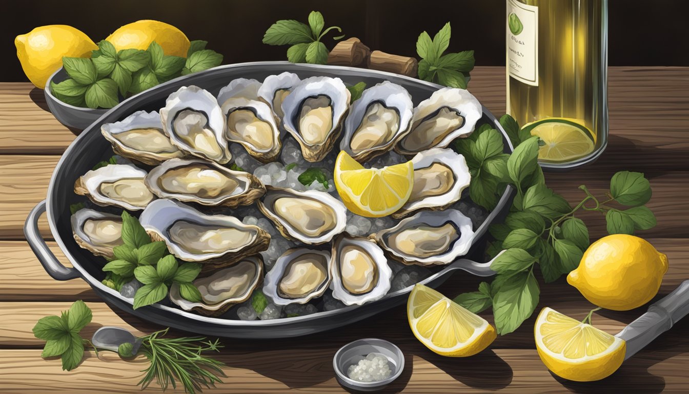 An open can of oysters surrounded by lemon wedges, fresh herbs, and a bottle of white wine on a rustic wooden table