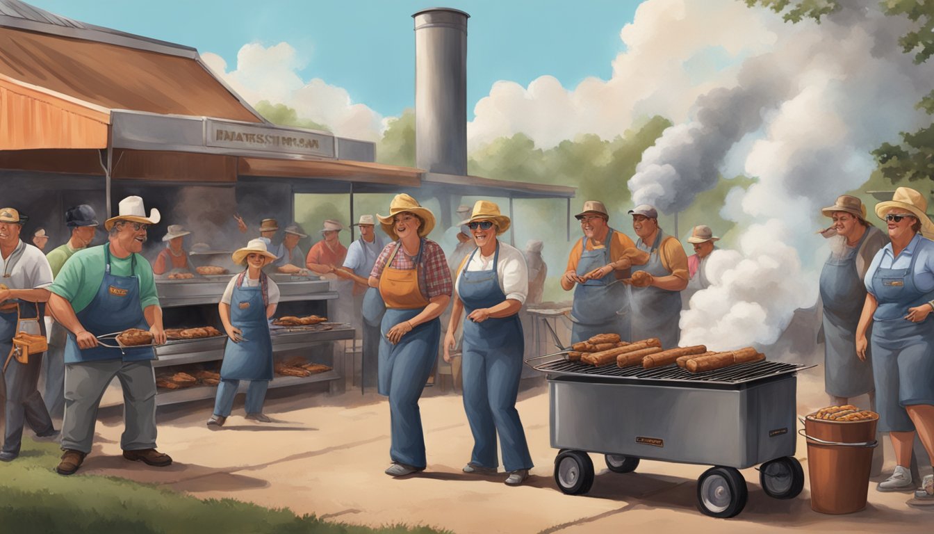 Smoke billows from towering steel smokers, surrounding a group of triumphant lady pitmasters in the Texas BBQ scene