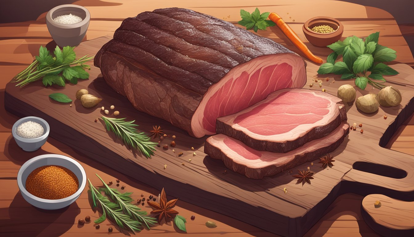 A large beef brisket sits on a wooden cutting board, surrounded by various spices and herbs. A smoker billows smoke in the background