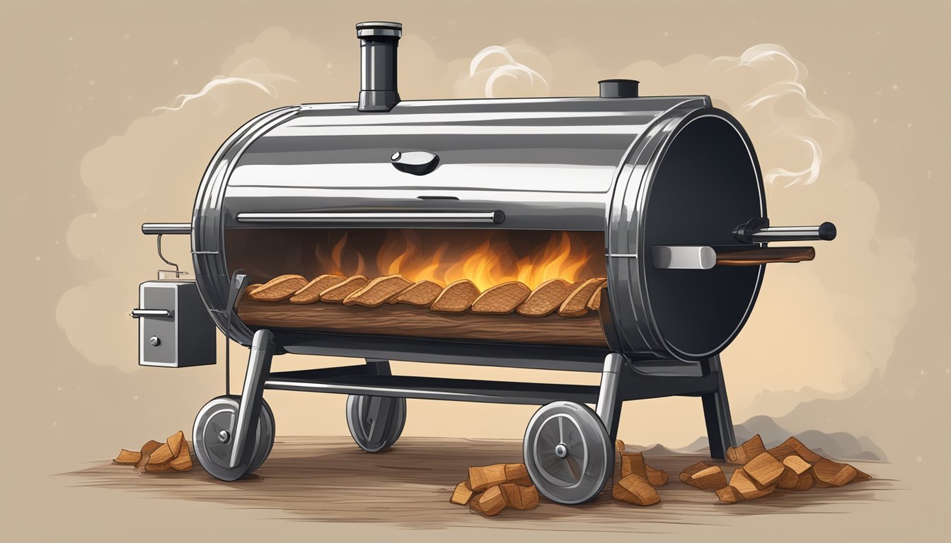 A large beef brisket smoking on a Texas-style barbecue pit, surrounded by aromatic wood chips and billowing smoke