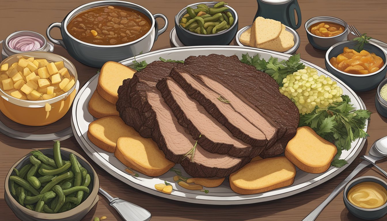 A large platter holds a juicy beef brisket, surrounded by classic Texas-style accompaniments like pickles, onions, and white bread