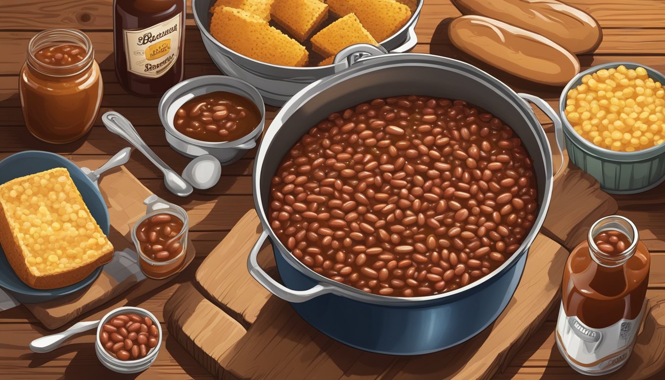 A pot of bubbling BBQ baked beans on a rustic wooden table, surrounded by bottles of barbecue sauce, cornbread, and a checkered tablecloth