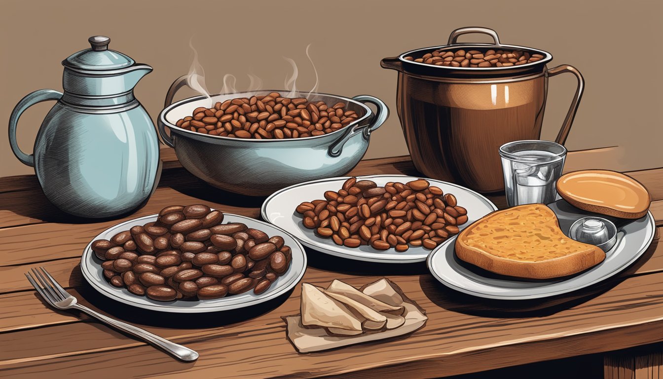 A rustic wooden table set with a steaming pot of BBQ baked beans, alongside a platter of smoked meats and a pitcher of iced tea