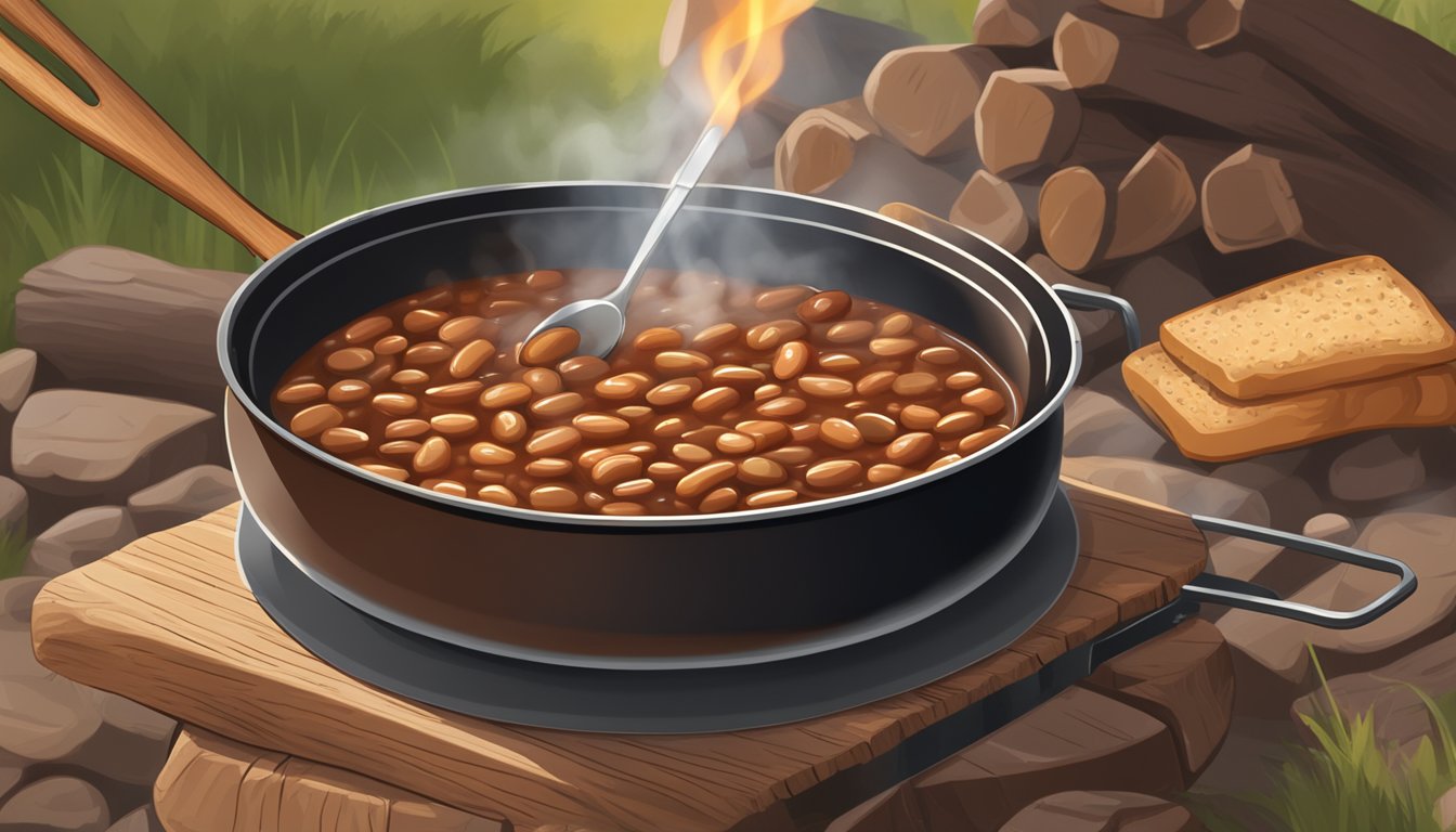 A rustic Texas-style pot of bbq baked beans simmering over a campfire, with a wooden spoon resting on the edge