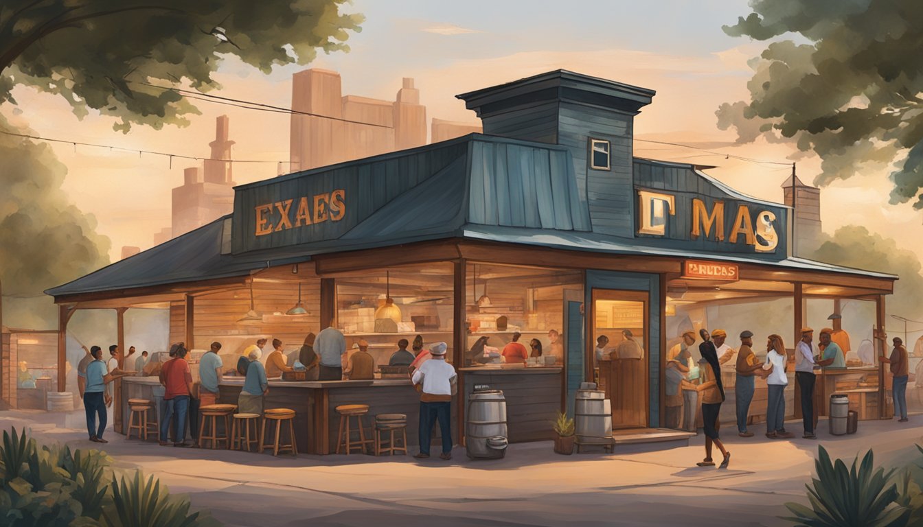 A smoky, bustling Texas BBQ joint with towering stacks of wood, sizzling grills, and a line of hungry customers eagerly awaiting Eva J. Mae's legendary pitmasters' mouthwatering creations