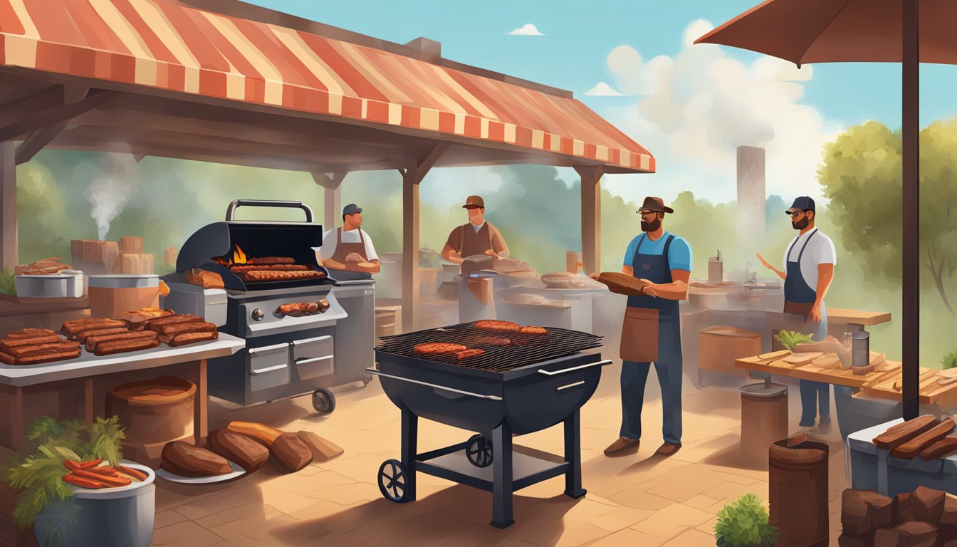 A smoky, bustling Texas BBQ pit with towering stacks of wood and sizzling meat on the grill