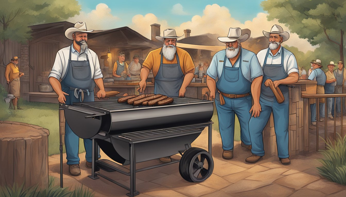 A group of legendary pitmasters gather around a smoking barbecue pit, each showcasing their unique techniques and styles that have shaped Texas BBQ history