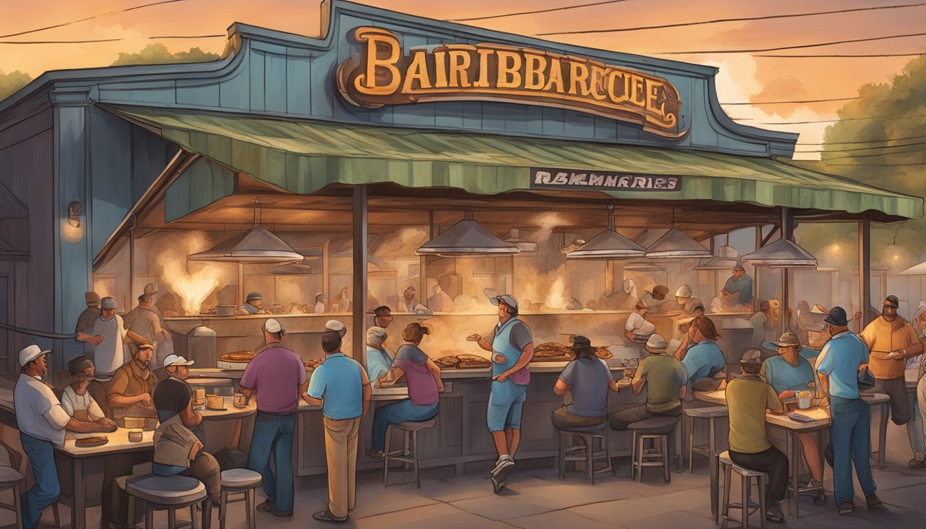 A bustling Texas barbecue joint, with smoke billowing from the pits and patrons enjoying the legendary flavors of the pitmasters' creations