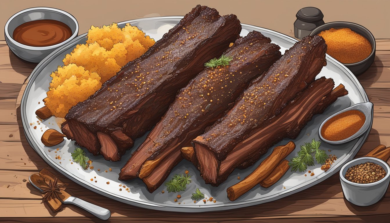 A rack of beef ribs coated in a rich, tangy BBQ sauce, surrounded by a variety of Texas-style seasonings and spices