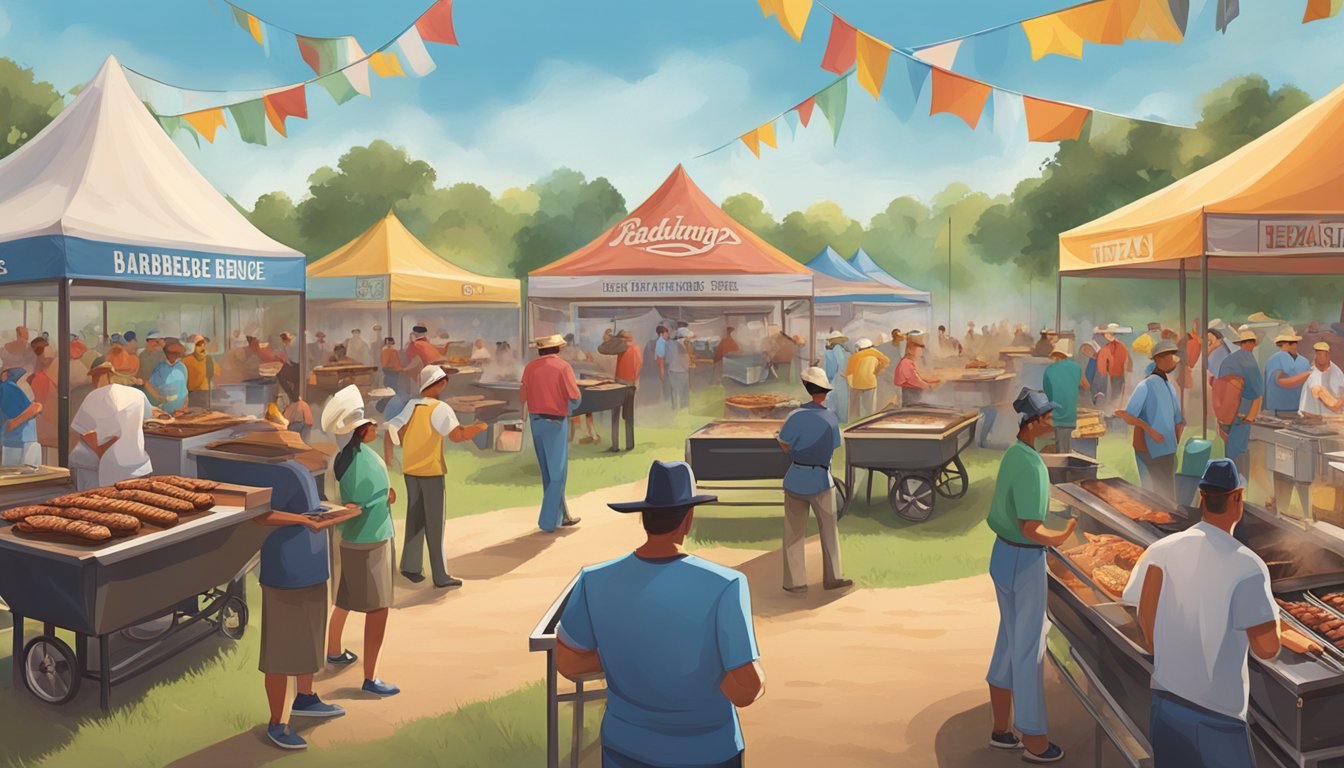 A bustling festival grounds filled with smoke and the mouth-watering aroma of sizzling barbecue. Competitors stand proudly beside their smoking grills, ready to showcase their best Texas barbecue creations