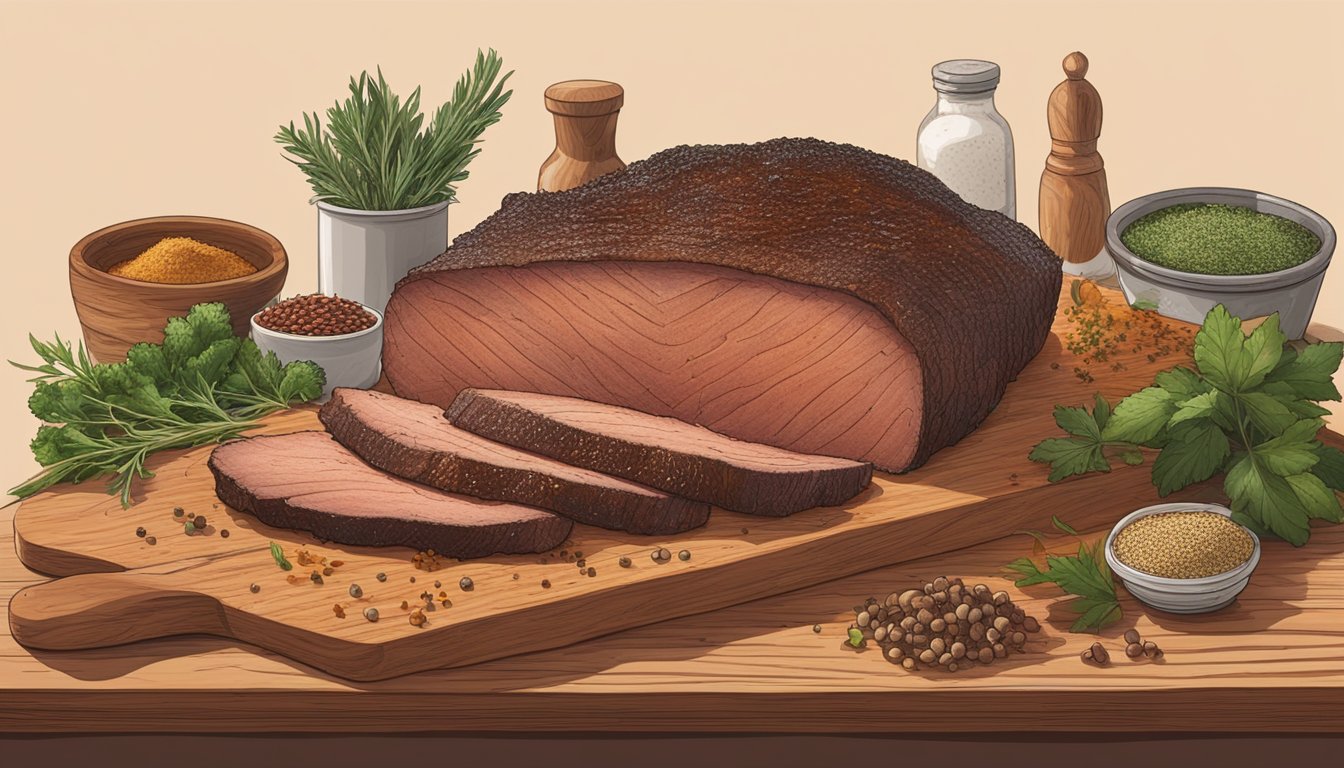 A large, perfectly smoked Texas-style brisket sits on a wooden cutting board, surrounded by a variety of spices and herbs for the final touches