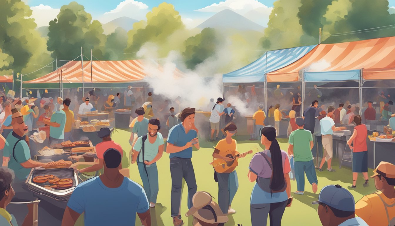 A lively outdoor festival with smoke rising from barbecue pits, people sampling food, and live music filling the air