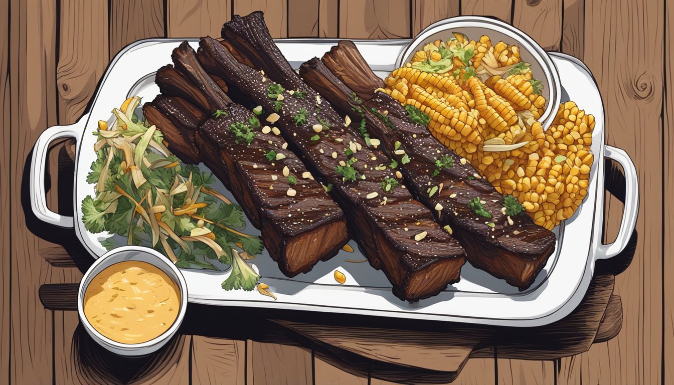 A platter of smoky, charred beef ribs with a glossy glaze, surrounded by grilled corn and coleslaw, set on a rustic wooden table