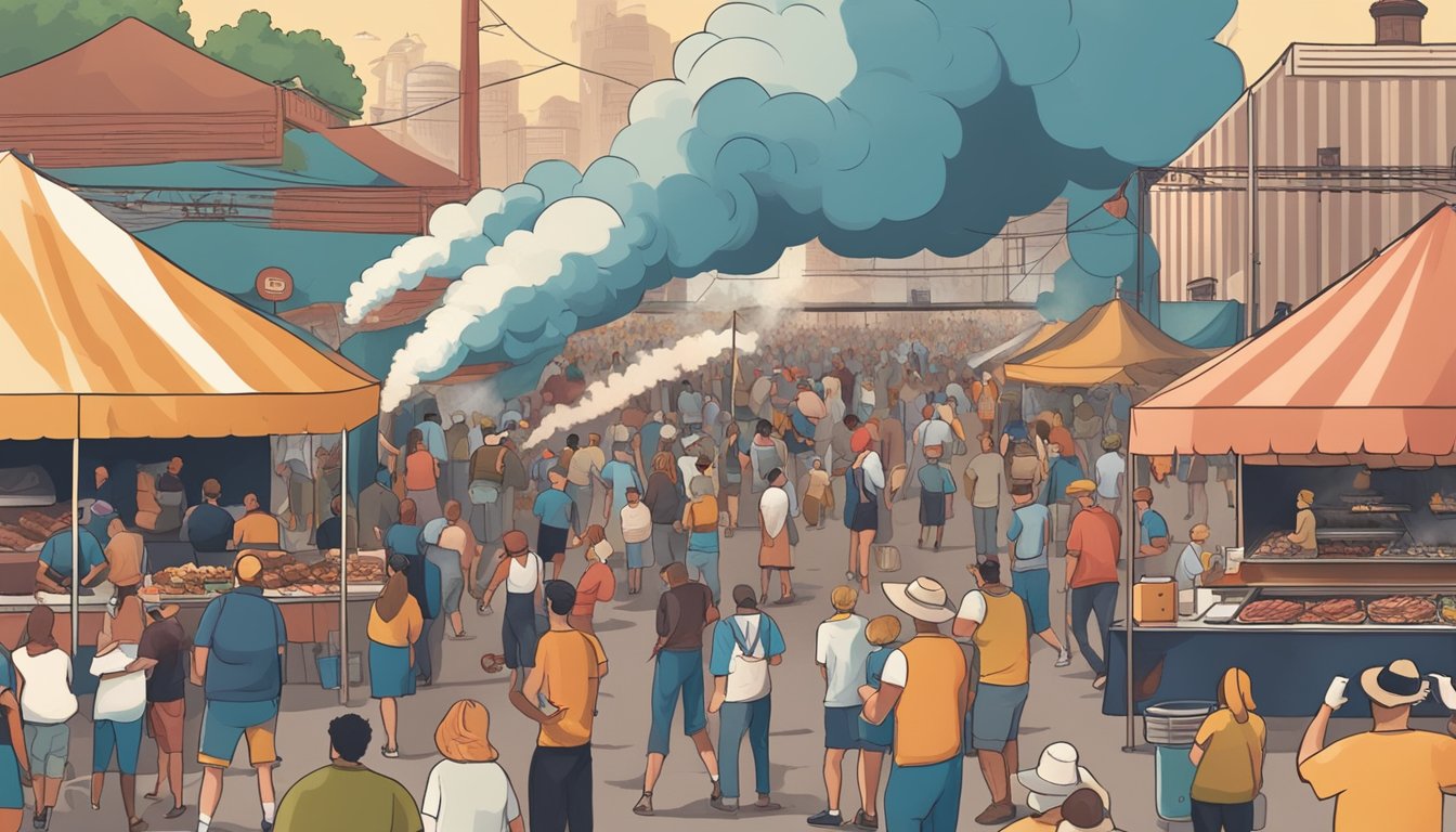 A bustling outdoor festival with smoke rising from BBQ pits, people sampling various meats, and live music filling the air