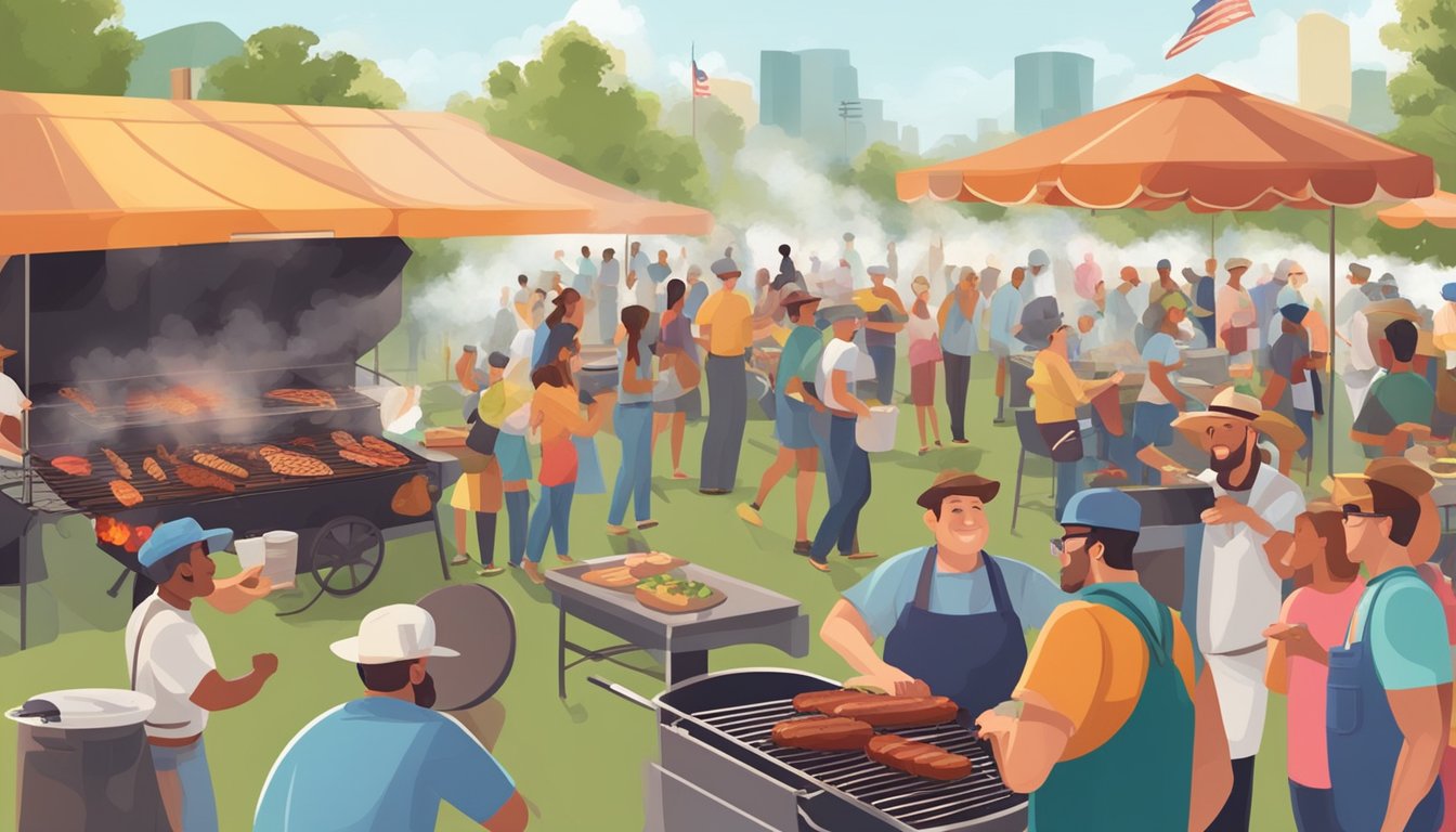 A bustling outdoor BBQ cook-off with smoke rising from grills, colorful banners fluttering in the warm breeze, and people milling about tasting delicious Texas barbecue