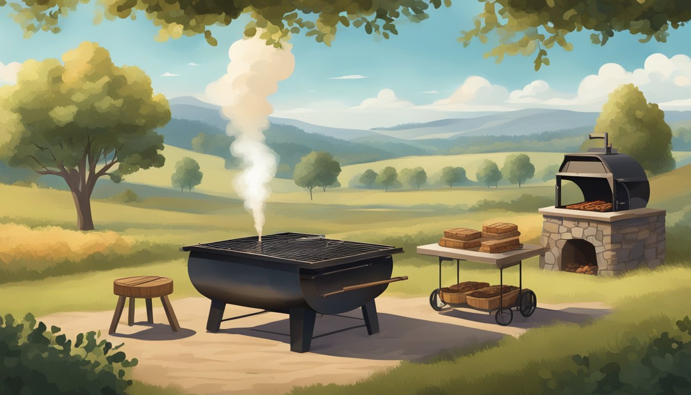 A rustic BBQ pit with smoke billowing, surrounded by rolling hills and oak trees