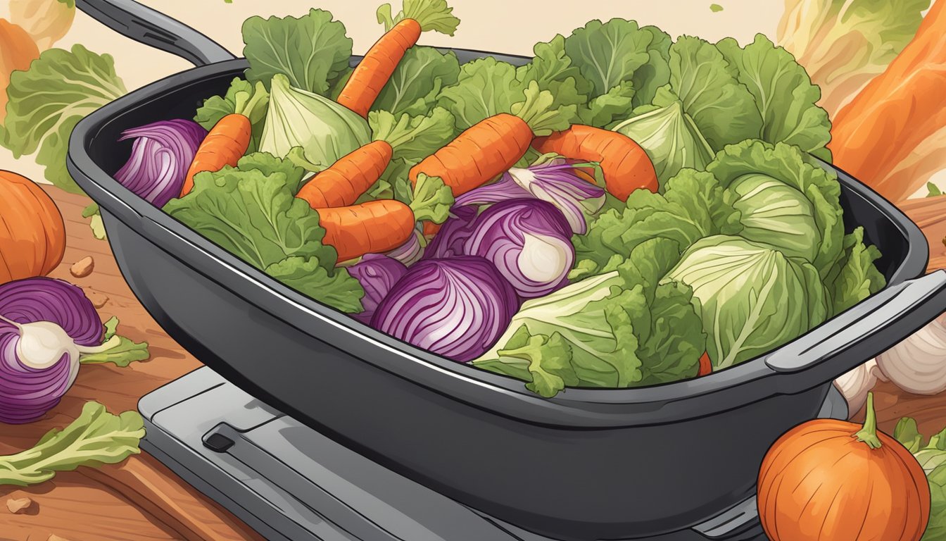 A colorful spread of fresh cabbage, carrots, and onions being tossed in a tangy BBQ sauce, with a hint of smoky flavor in the air