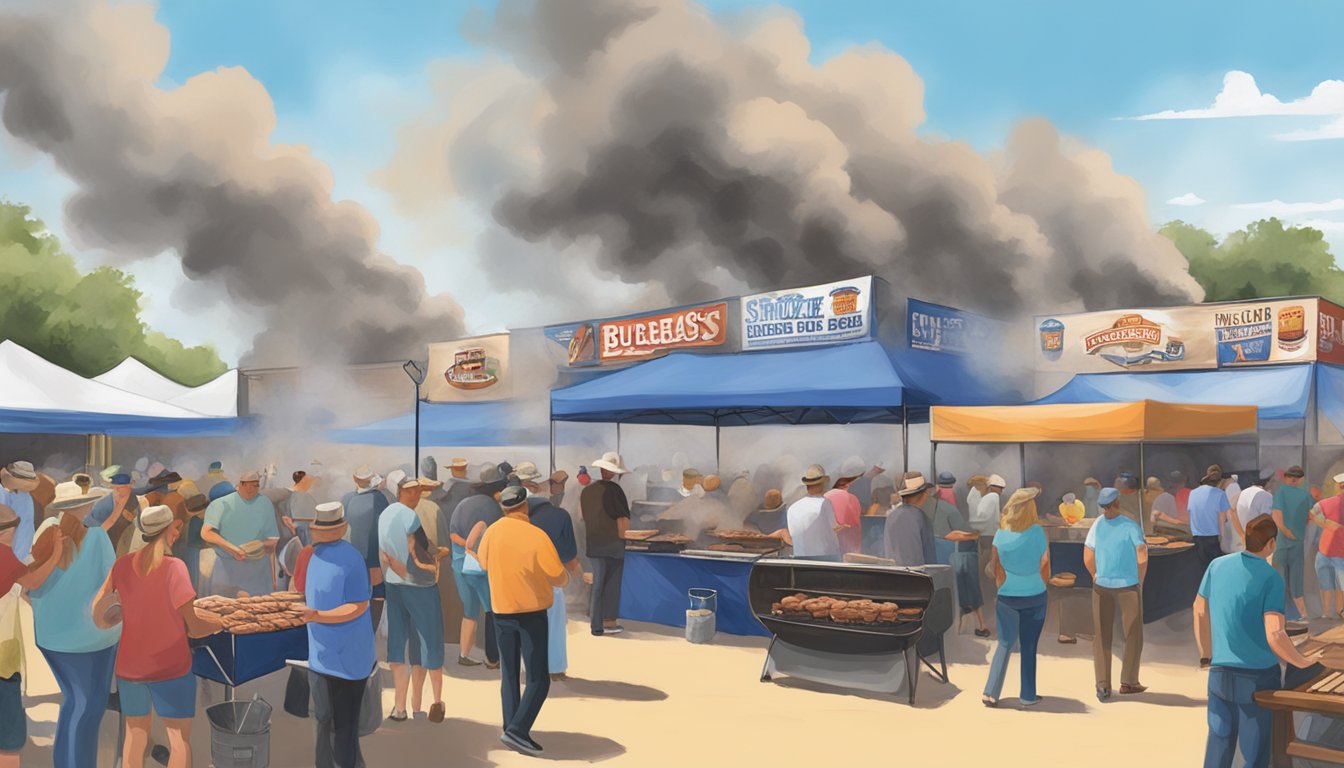 Smoke billows from BBQ pits at Bluebonnet Bluegrass & BBQ Cook-off, as crowds gather to sample the best Texas barbecue