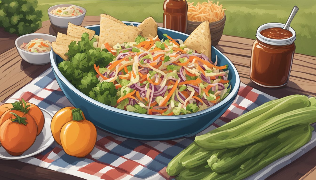 A picnic table set with a bowl of tangy BBQ coleslaw, surrounded by fresh vegetables and a bottle of Texas-style BBQ sauce