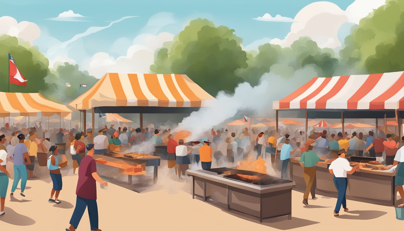 A bustling outdoor festival filled with smoke and savory aromas as barbecue vendors compete for the title of best Texas barbecue