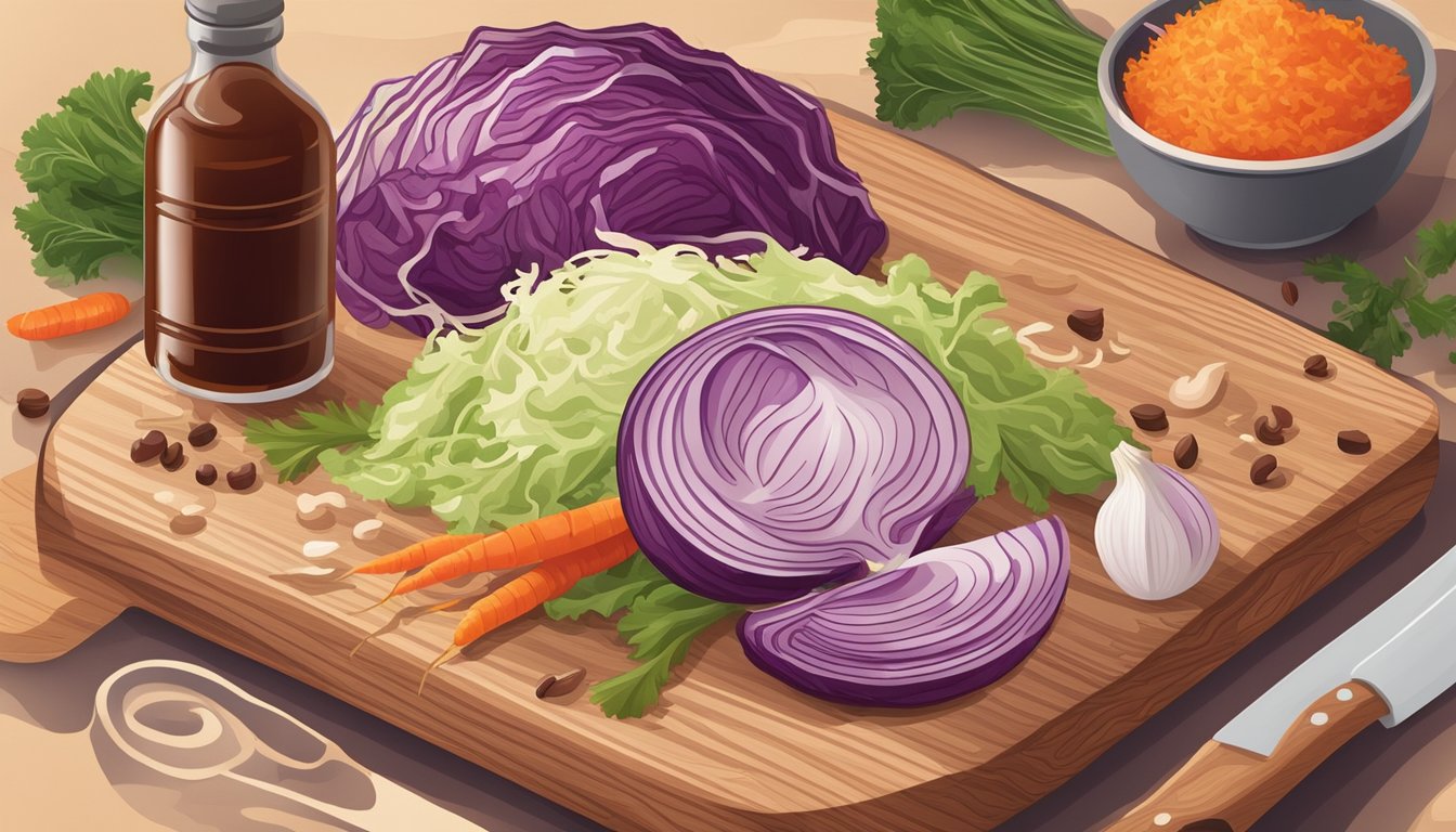 A wooden cutting board with shredded cabbage, carrots, and onions, surrounded by a variety of spices and a bottle of barbecue sauce