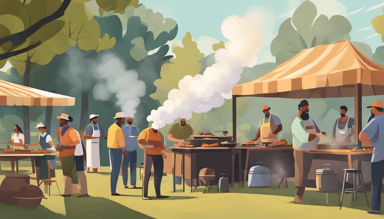 A rustic outdoor barbecue cook-off with smoke billowing from grills, people mingling, and a lively atmosphere