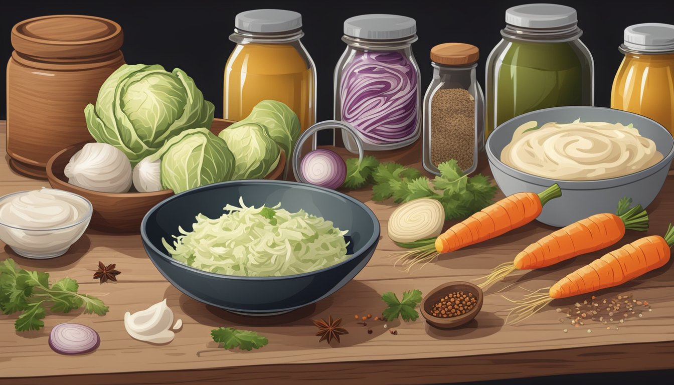 A rustic wooden table with a bowl of freshly chopped cabbage, carrots, and onions, surrounded by jars of mayonnaise, vinegar, and spices