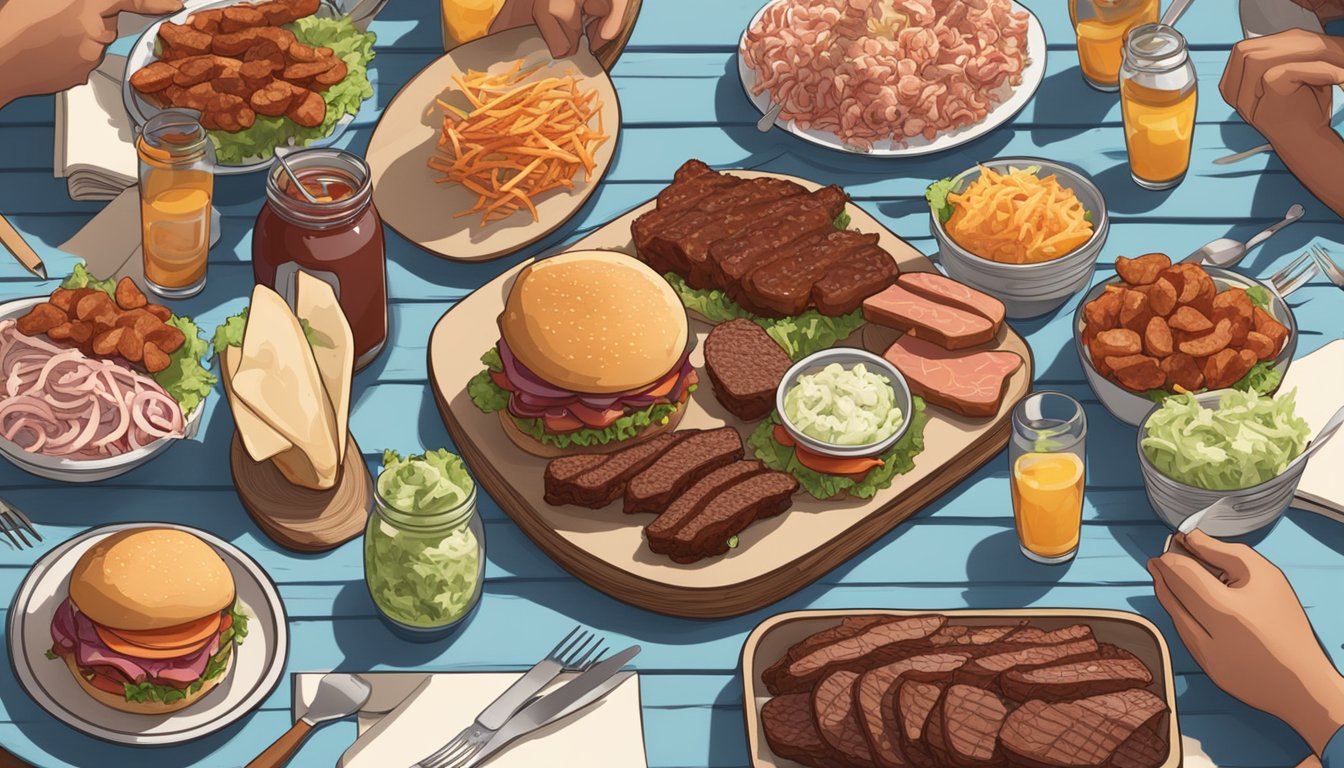 A picnic table set with a spread of BBQ meats, coleslaw, and Texas-style fixings under a sunny sky